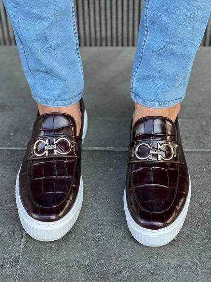 Lawson Burgundy Crocodile Pattern Bit Loafers - BRABION