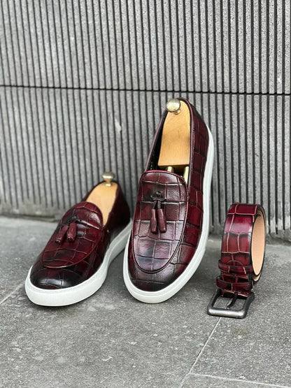 Lawson Burgundy Crocodile Pattern Slip-Ons - Stylish Leather Comfort - BRABION