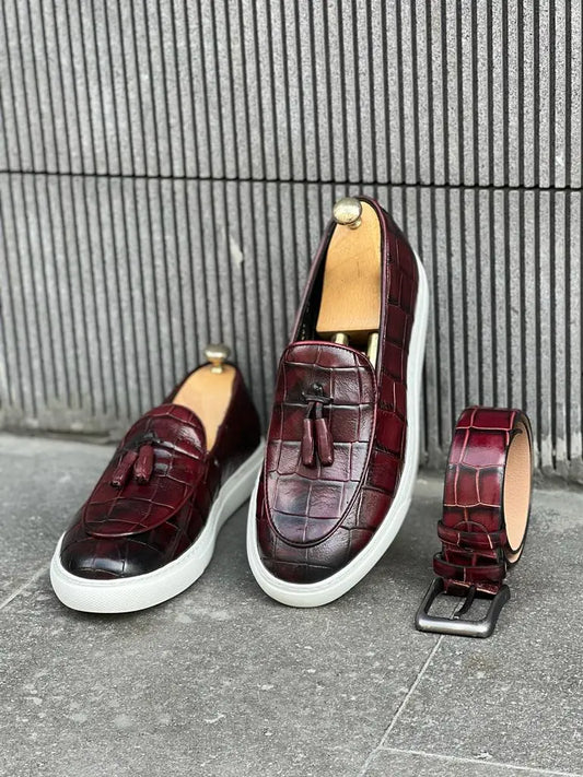 Lawson Burgundy Crocodile Pattern Slip-Ons - Stylish Leather Comfort - BRABION