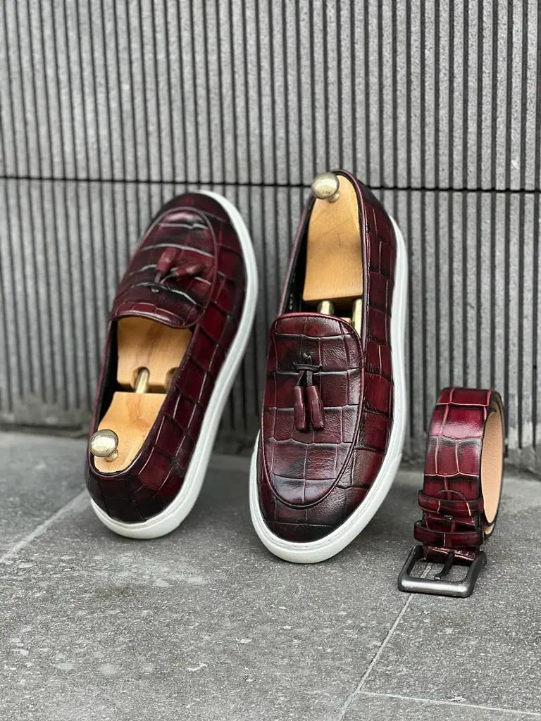 Lawson Burgundy Crocodile Pattern Slip-Ons - Stylish Leather Comfort - BRABION
