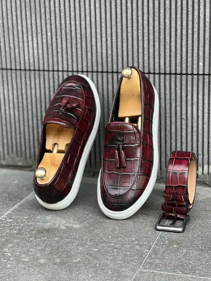 Lawson Burgundy Crocodile Pattern Slip-Ons - Stylish Leather Comfort - BRABION