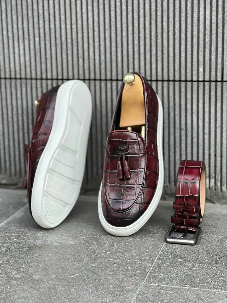 Lawson Burgundy Crocodile Pattern Slip-Ons - Stylish Leather Comfort - BRABION