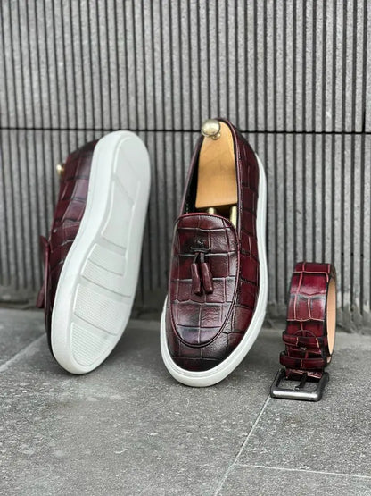 Lawson Burgundy Crocodile Pattern Slip-Ons - Stylish Leather Comfort - BRABION