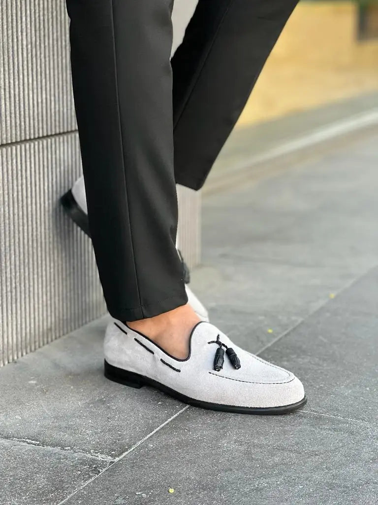 Lawson Gray Suede Tassel Loafers - Elegant Footwear for Men - BRABION