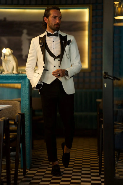 Lawson White Slim Fit Peak Lapel Tuxedo: The Epitome of Elegance - BRABION