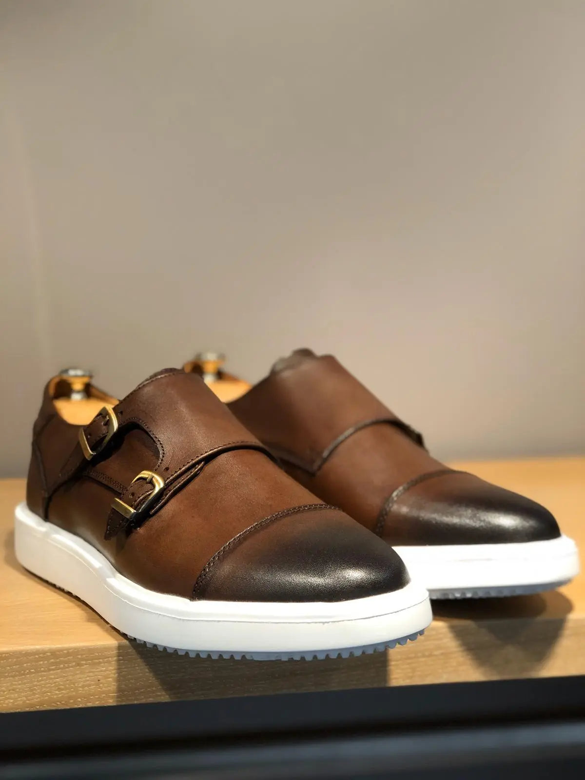Odessa Brown Monk Strap Cap Toe Shoes - BRABION