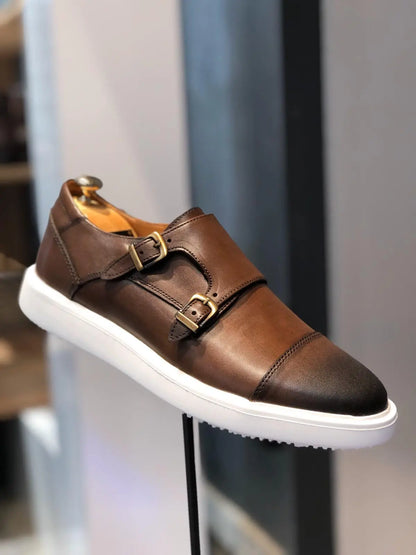 Odessa Brown Monk Strap Cap Toe Shoes - BRABION