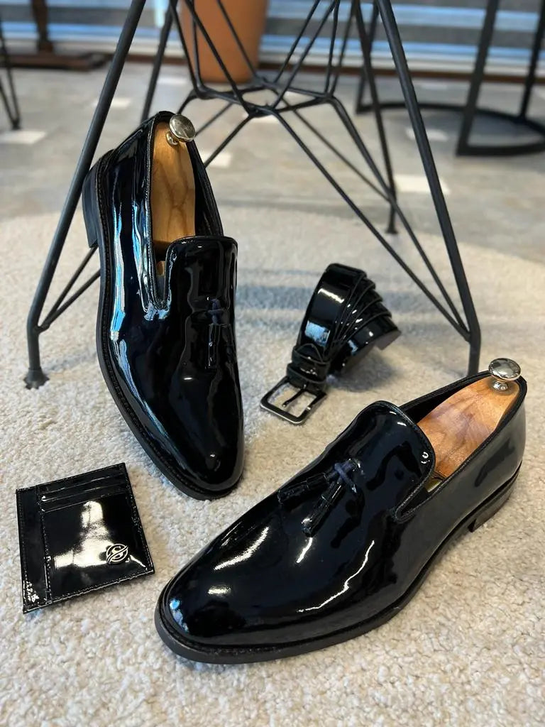 Owensboro Black Patent Leather Tassel Shoes for Men - BRABION