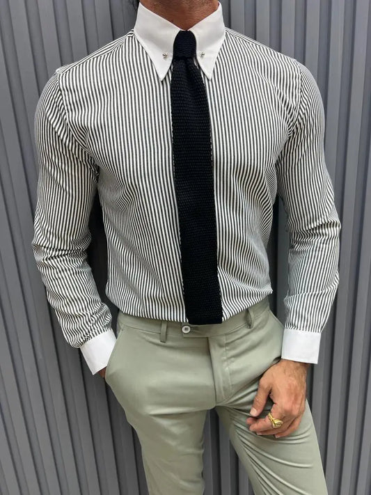 Brabion Sorento Gray Slim Fit Long Sleeve Striped Cotton Shirt - BRABION