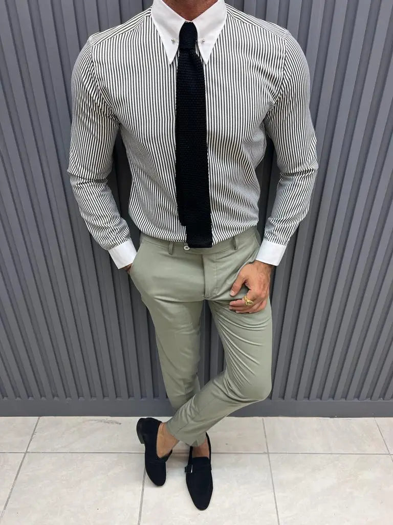 Brabion Sorento Gray Slim Fit Long Sleeve Striped Cotton Shirt - BRABION