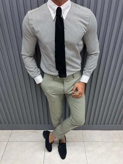 Brabion Sorento Gray Slim Fit Long Sleeve Striped Cotton Shirt - BRABION