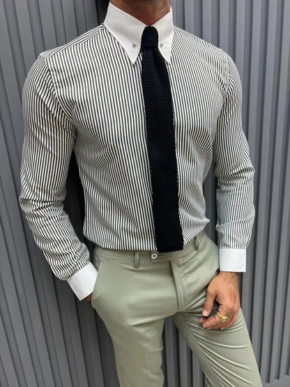 Brabion Sorento Gray Slim Fit Long Sleeve Striped Cotton Shirt - BRABION