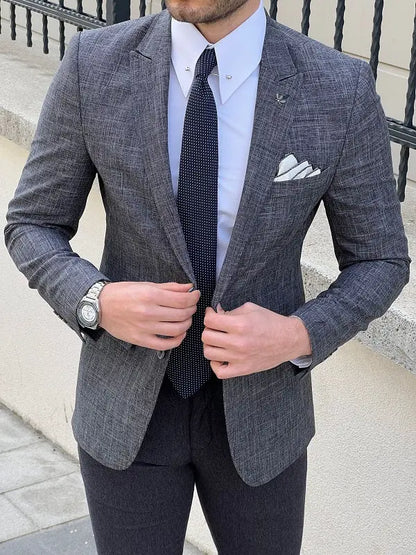Rockford Dark Gray Slim Fit Peak Lapel Crosshatch Linen Blazer - BRABION