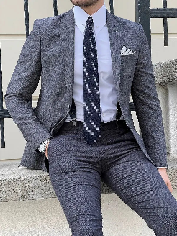 Rockford Dark Gray Slim Fit Peak Lapel Crosshatch Linen Blazer - BRABION