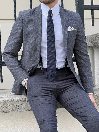 Rockford Dark Gray Slim Fit Peak Lapel Crosshatch Linen Blazer - BRABION
