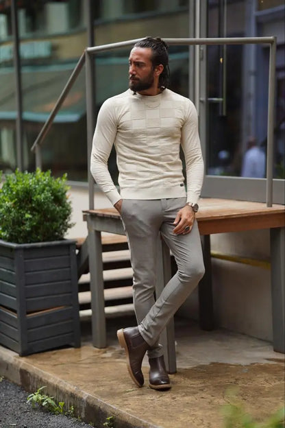 Amber Beige Slim Fit Patterned Crewneck Sweater - BRABION