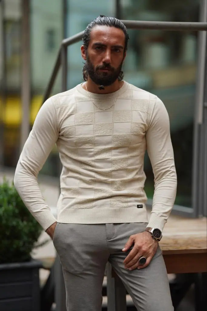 Amber Beige Slim Fit Patterned Crewneck Sweater - BRABION
