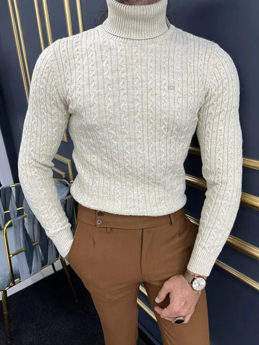 Berton Beige Slim Fit Striped Pattern Turtleneck Sweater - BRABION