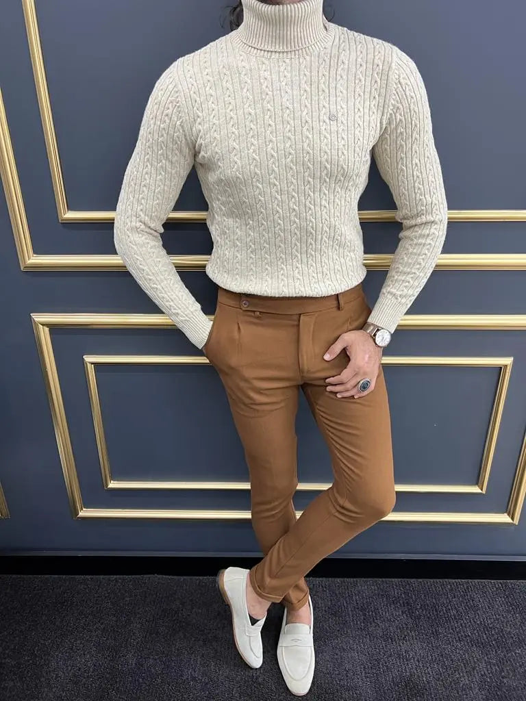 Berton Beige Slim Fit Striped Pattern Turtleneck Sweater - BRABION