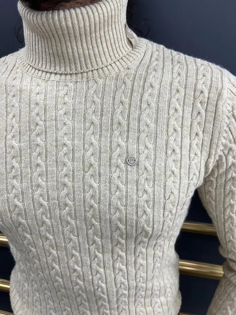 Berton Beige Slim Fit Striped Pattern Turtleneck Sweater - BRABION