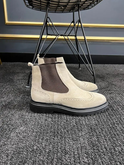 Berton Beige Suede Wingtip Chelsea Boots - Timeless Elegance - BRABION