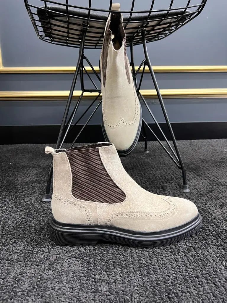 Berton Beige Suede Wingtip Chelsea Boots - Timeless Elegance - BRABION