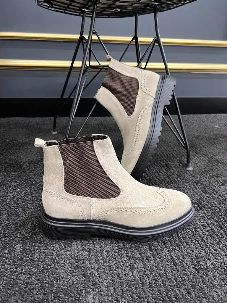 Berton Beige Suede Wingtip Chelsea Boots - Timeless Elegance - BRABION