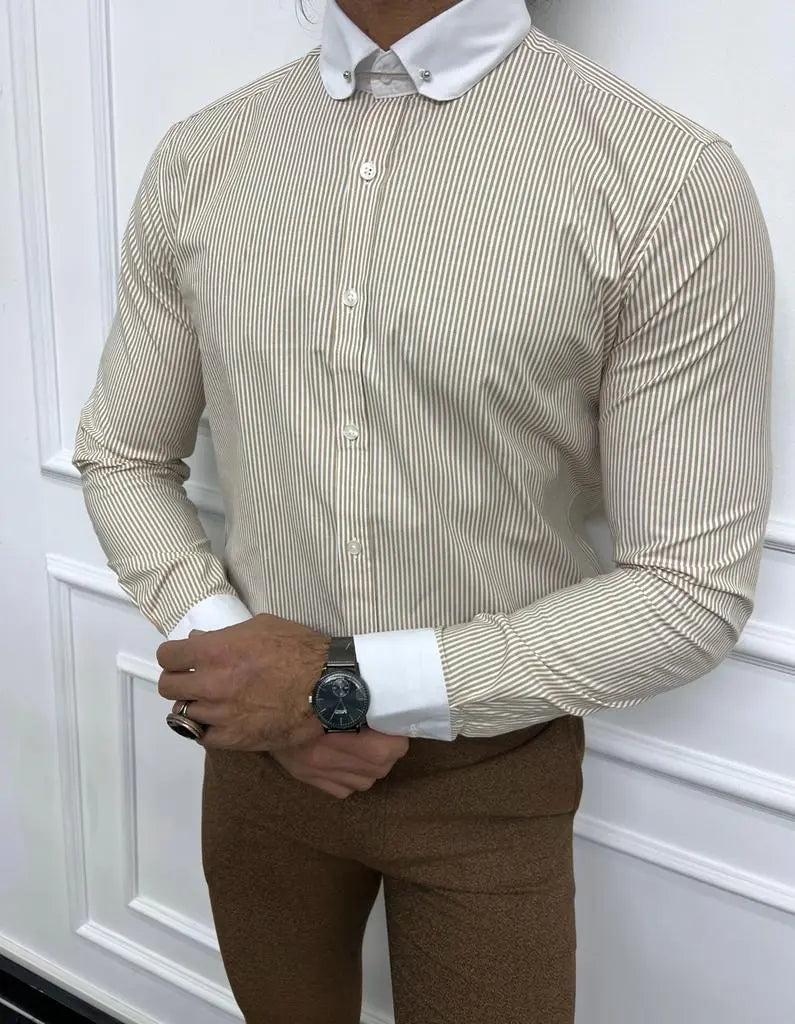 Brabion Sorento Beige Slim Fit Needle Collar Striped Shirt - BRABION