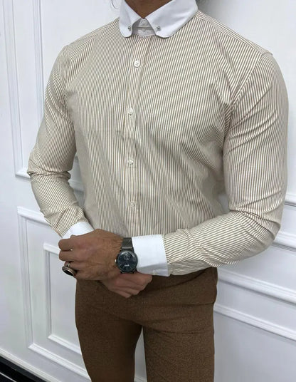 Brabion Sorento Beige Slim Fit Needle Collar Striped Shirt - BRABION