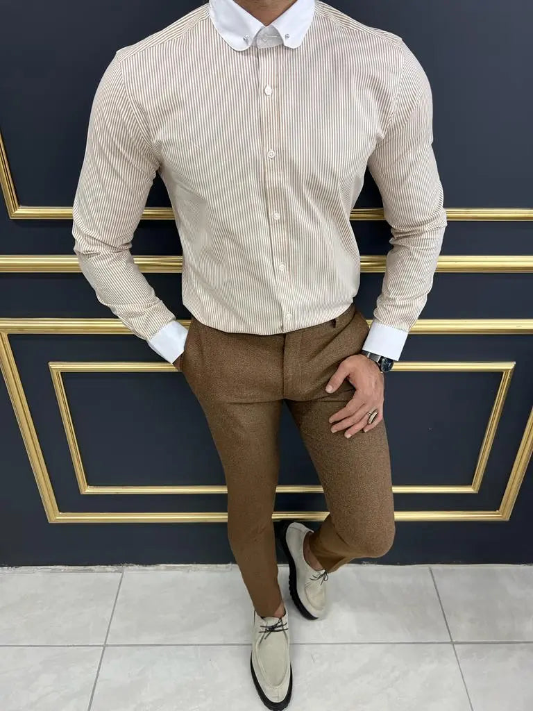 Brabion Sorento Beige Slim Fit Needle Collar Striped Shirt - BRABION