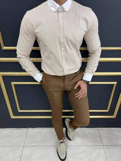 Brabion Sorento Beige Slim Fit Needle Collar Striped Shirt - BRABION
