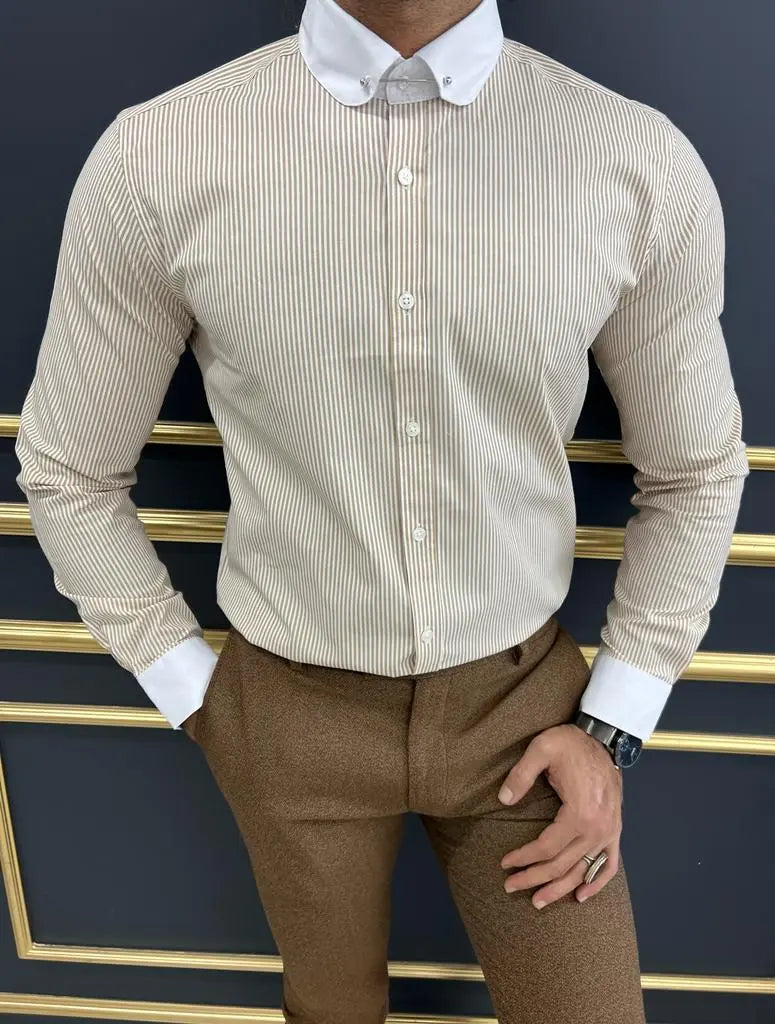 Brabion Sorento Beige Slim Fit Needle Collar Striped Shirt - BRABION