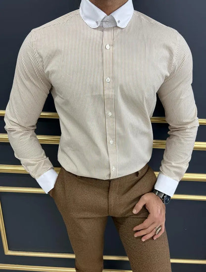 Brabion Sorento Beige Slim Fit Needle Collar Striped Shirt - BRABION
