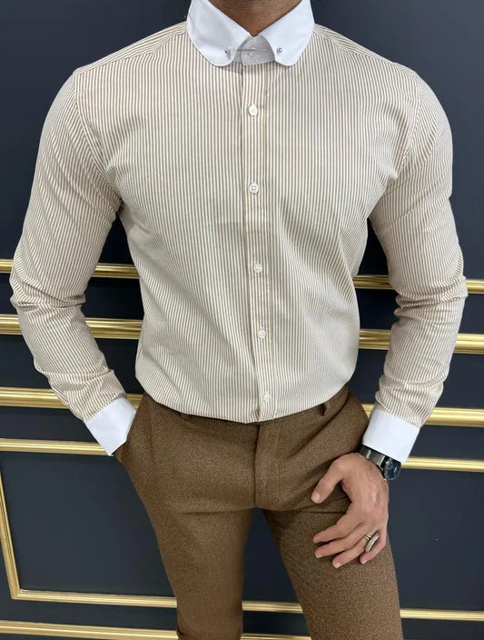 Brabion Sorento Beige Slim Fit Needle Collar Striped Shirt - BRABION