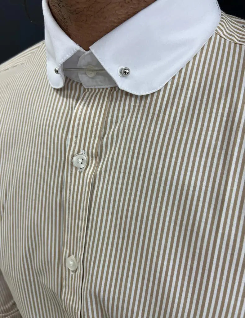 Brabion Sorento Beige Slim Fit Needle Collar Striped Shirt - BRABION