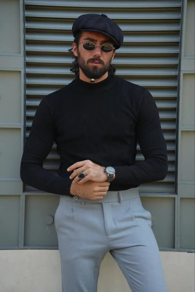 Amber Black Slim Fit Mock Turtleneck Sweater - BRABION