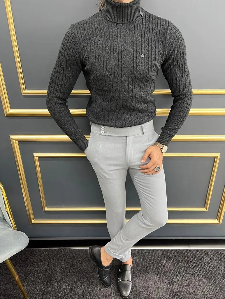 Berton Black Slim Fit Striped Pattern Turtleneck Sweater - BRABION