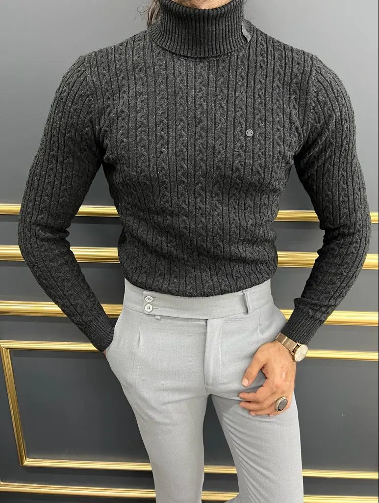 Berton Black Slim Fit Striped Pattern Turtleneck Sweater - BRABION