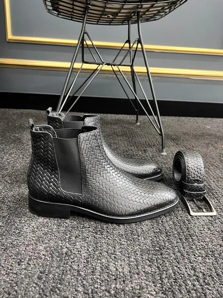 Berton Black Woven Pattern Chelsea Boots - BRABION