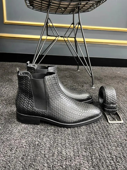 Berton Black Woven Pattern Chelsea Boots - BRABION