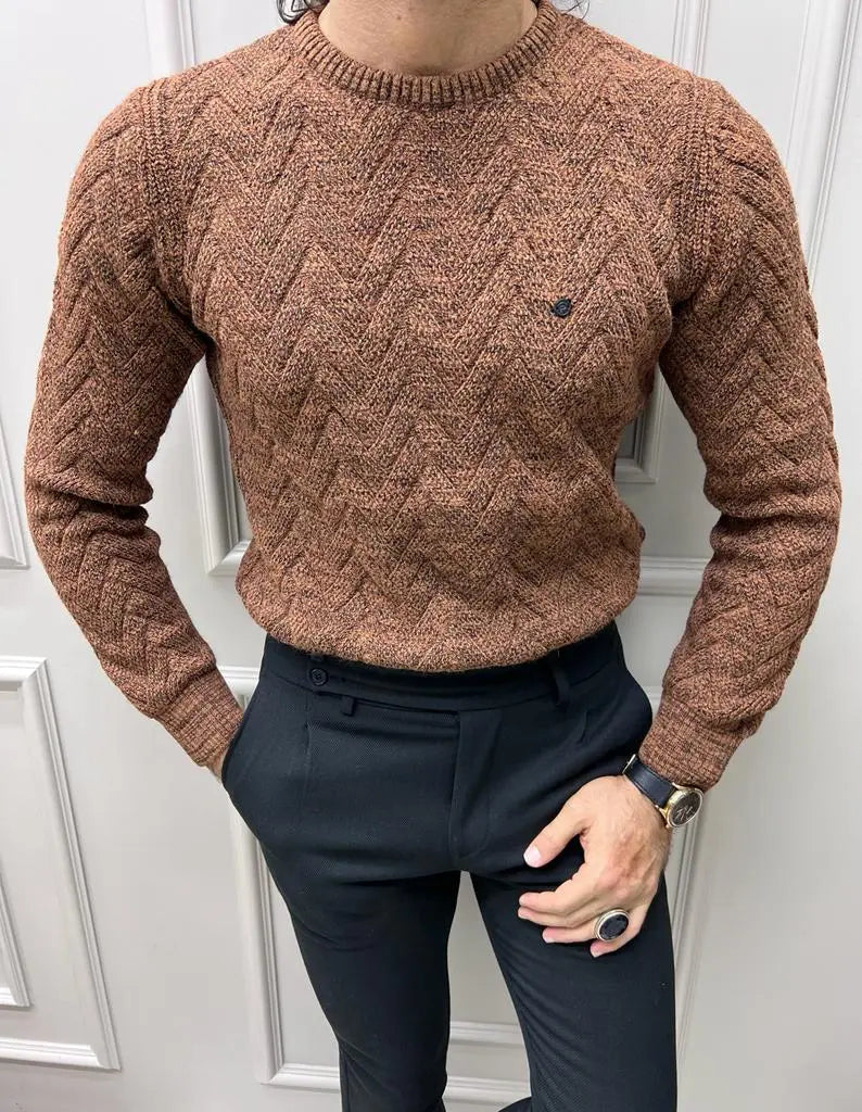 Berton Brown Slim Fit Crewneck Patterned Sweater: Elevate Your Style - BRABION