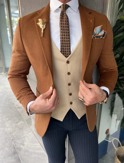 Enzo Brown Slim Fit Notch Lapel Wool Blazer - Versatile Elegance - BRABION