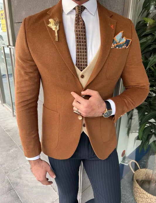 Enzo Brown Slim Fit Notch Lapel Wool Blazer - Versatile Elegance - BRABION