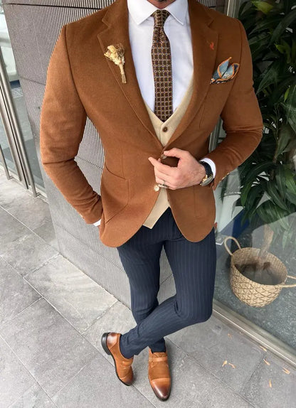 Enzo Brown Slim Fit Notch Lapel Wool Blazer - Versatile Elegance - BRABION