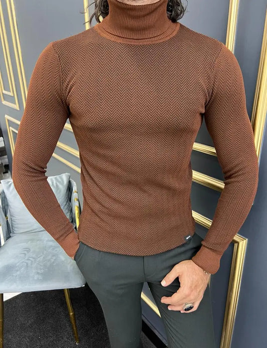 Amber Rust Brown Slim Fit Striped Turtleneck Sweater - BRABION