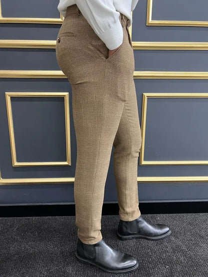 Eros Camel Slim Fit Plaid Wool Pants - BRABION