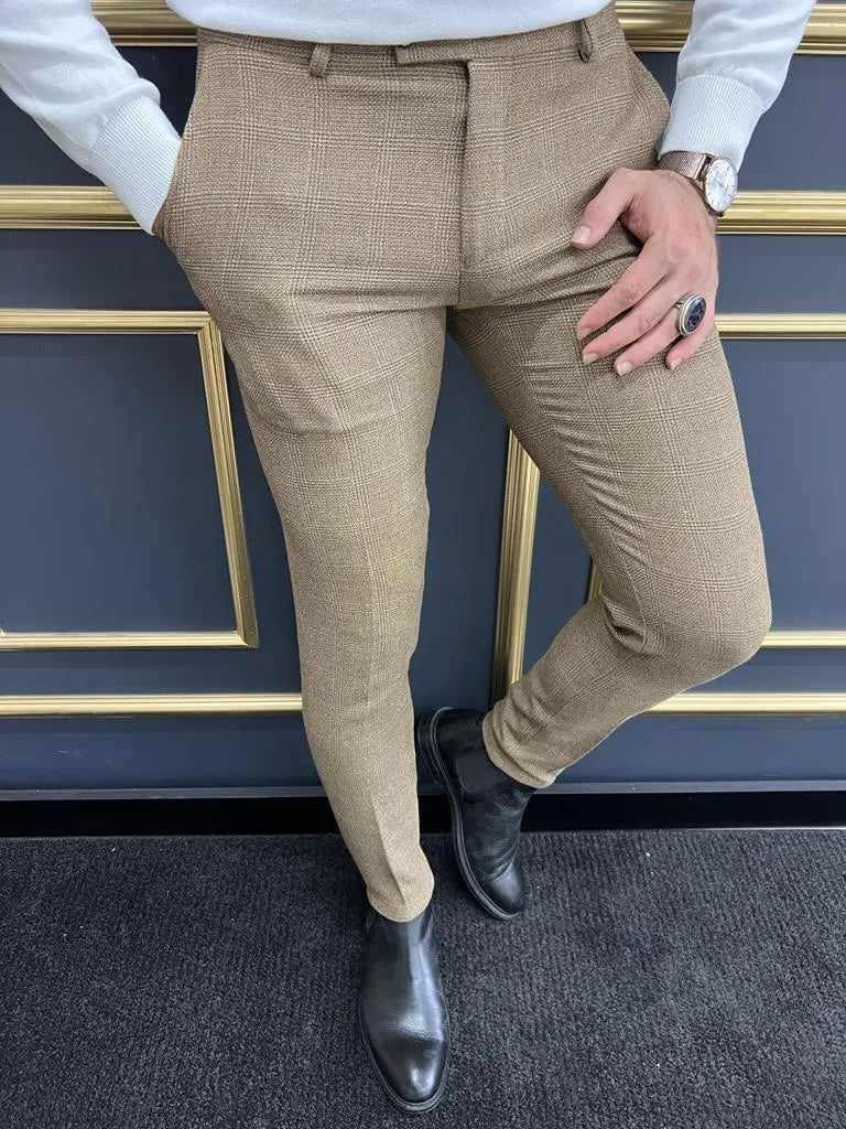 Eros Camel Slim Fit Plaid Wool Pants - BRABION