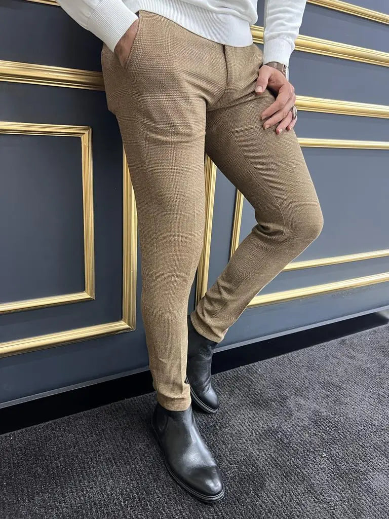 Eros Camel Slim Fit Plaid Wool Pants - BRABION