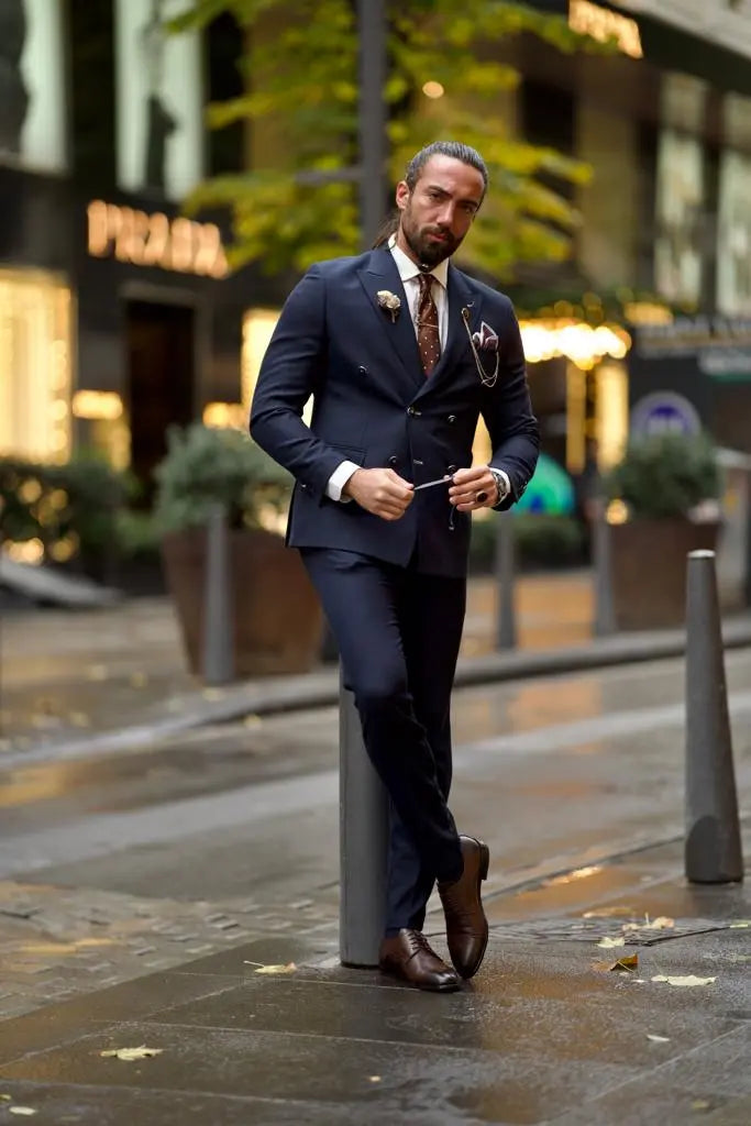 Jake Dark Blue Slim Fit Double Breasted Wool Suit brabion