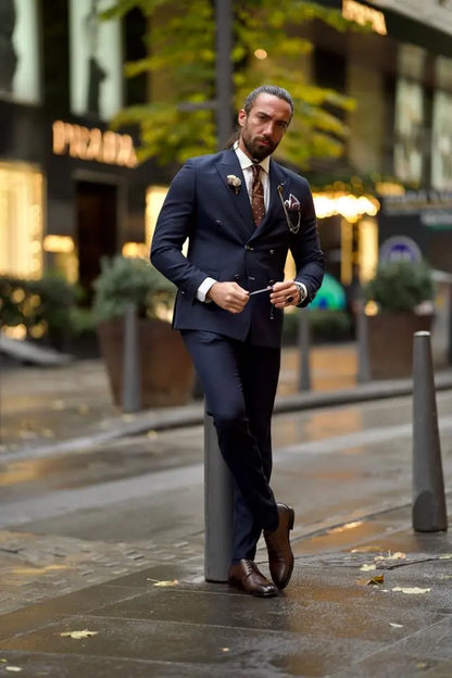 Jake Dark Blue Slim Fit Double Breasted Wool Suit brabion